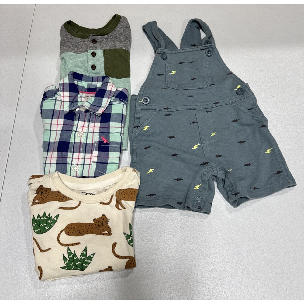Carters Baby Boy 12M Romper, Plaid Button Up Shirt, Tees Carters & Art Class